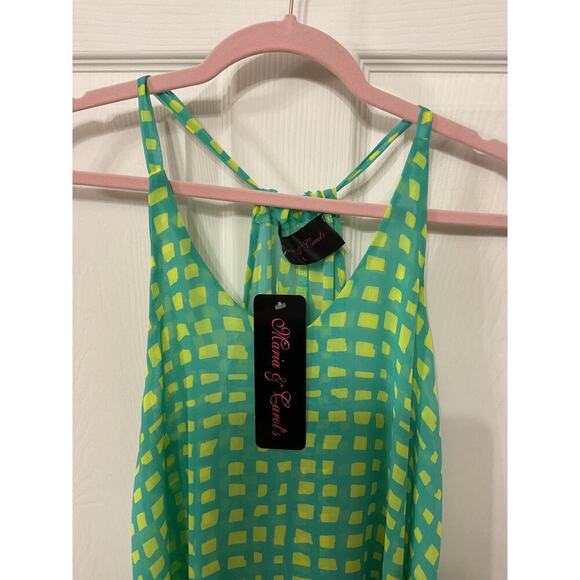 NWT Maria and Carol’s Blue/Lime Green Geometric Print Racerback Tank Dress, L - Picture 2 of 5